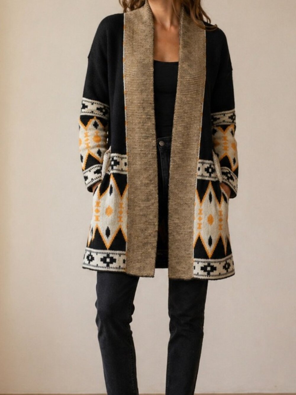 Long Cardigan S/M Black/Brown Design Relaxed Knit Earthtones Southwestern